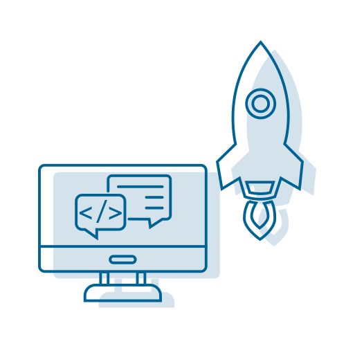 Icon image of a computer monitor with a rocket beside it